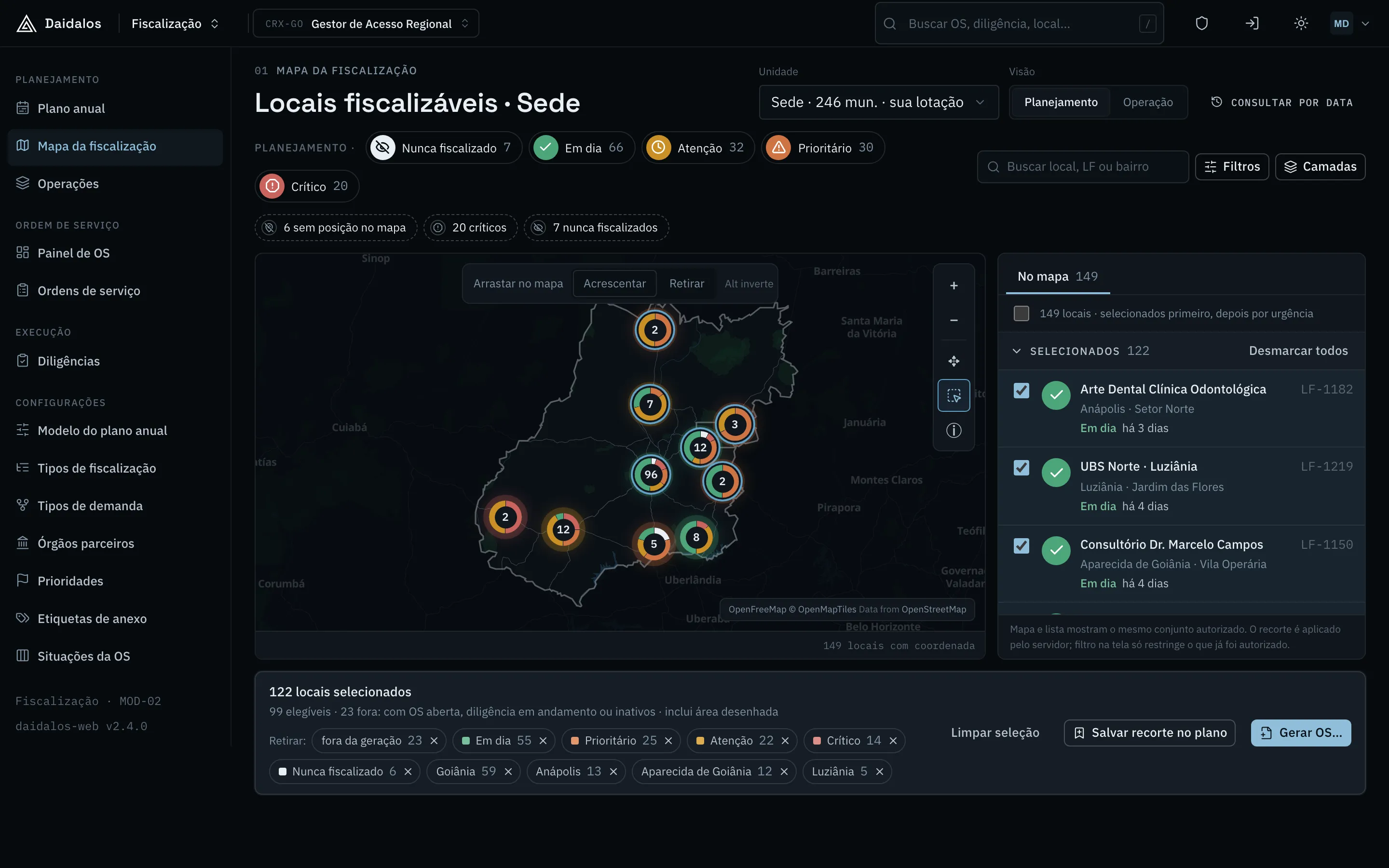 Mapa com uma área selecionada e a lista de locais para gerar ordens de serviço.