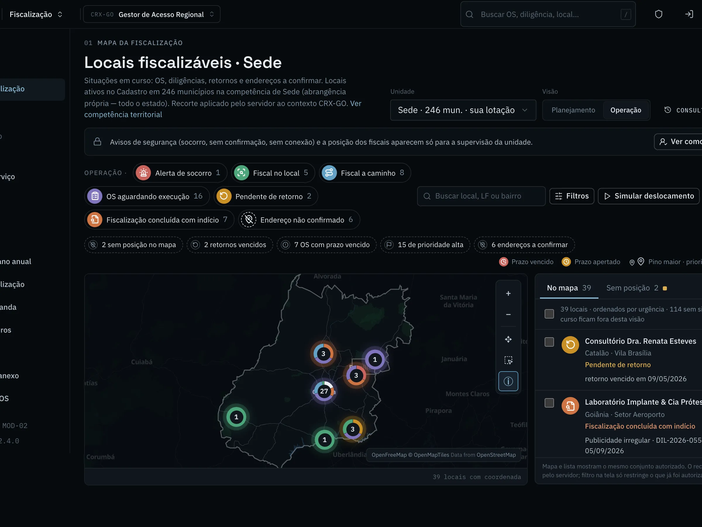 Mapa da fiscalização na visão de operação, com fiscais no local e a caminho.